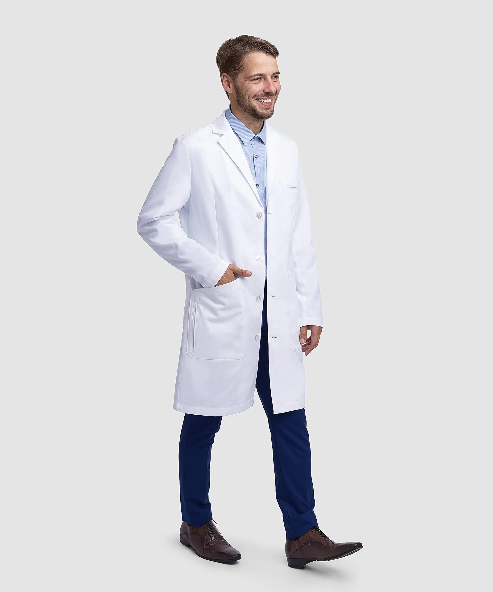 Dr. James profesjonalny fartuch laboratoryjny dla mężczyzn, częściowo dopasowany krój, wiele kieszeni, biały (XXL)