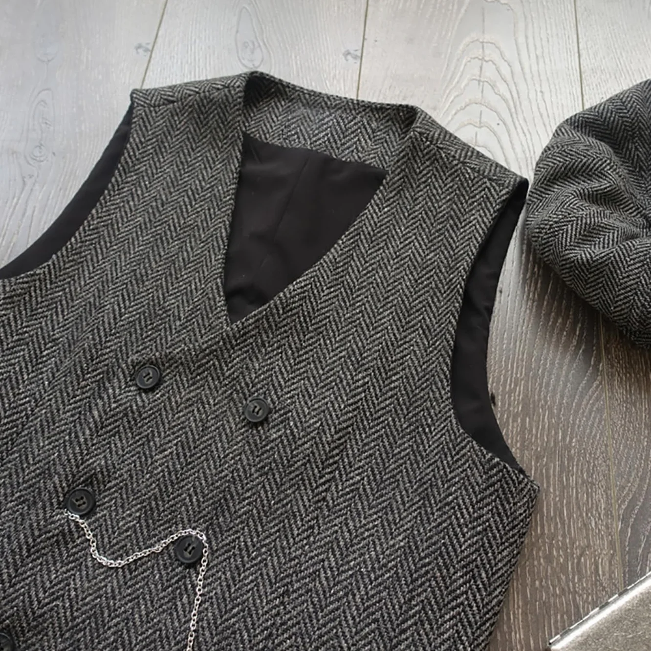 Męska klasyczna kamizelka garniturowa ze wzorem w jodełkę dwurzędowa kamizelka slim fit na ślub dla drużbów