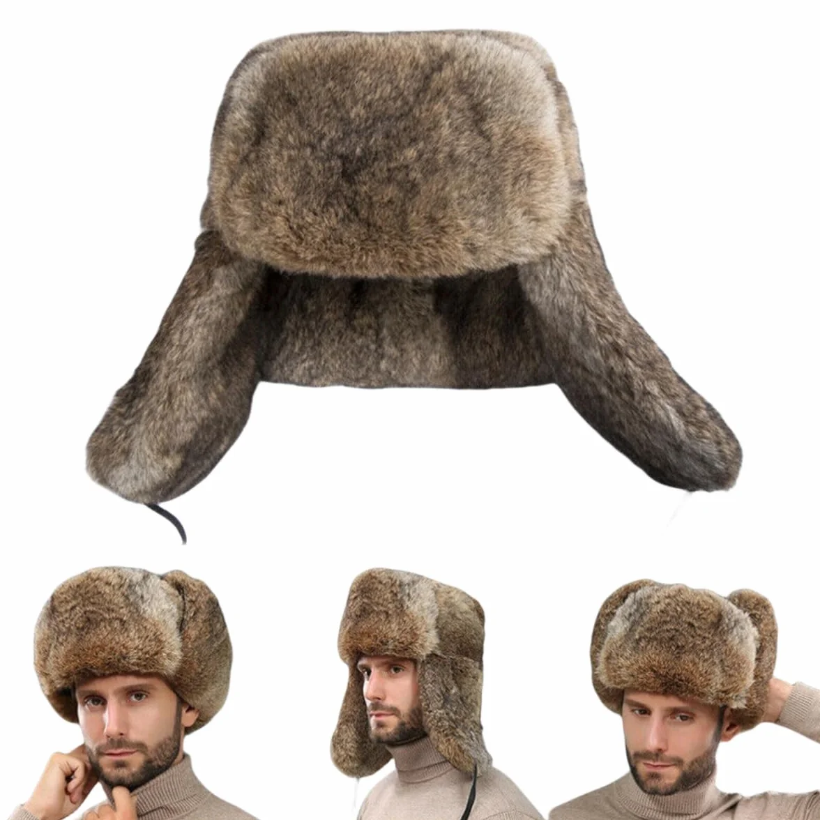 Męska zimowa czapka Aviator z prawdziwego futra królika, męska damska czapka futrzana ze 100% nausznikami z futra królika, wiatroszczelna