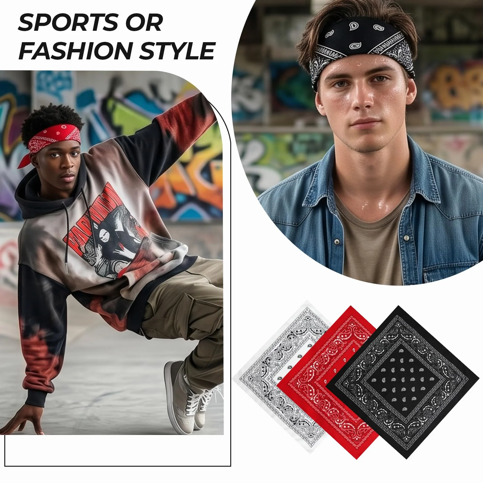 Bandana zestaw 3 sztuk, 54 x 54 cm, wzór Paisley, chusta na głowę, chusta na głowę, opaska na czoło, unisex, poliester, lekka, oddychająca, dla rowerzystów, jazdy na rowerze, na nartach