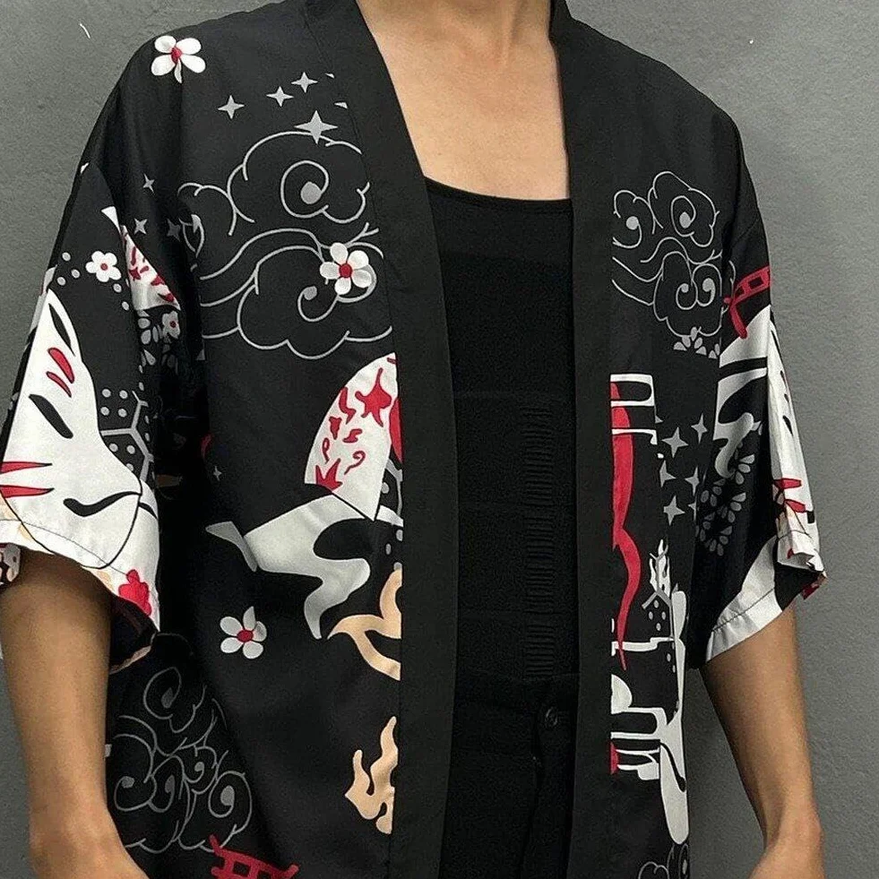Letni Kreskowy Lis Drukowany Kimono Kobiety Mężczyźni Japoński Haori Streetwear Kardigan Yukata Cosplay Samuraj Streetwear