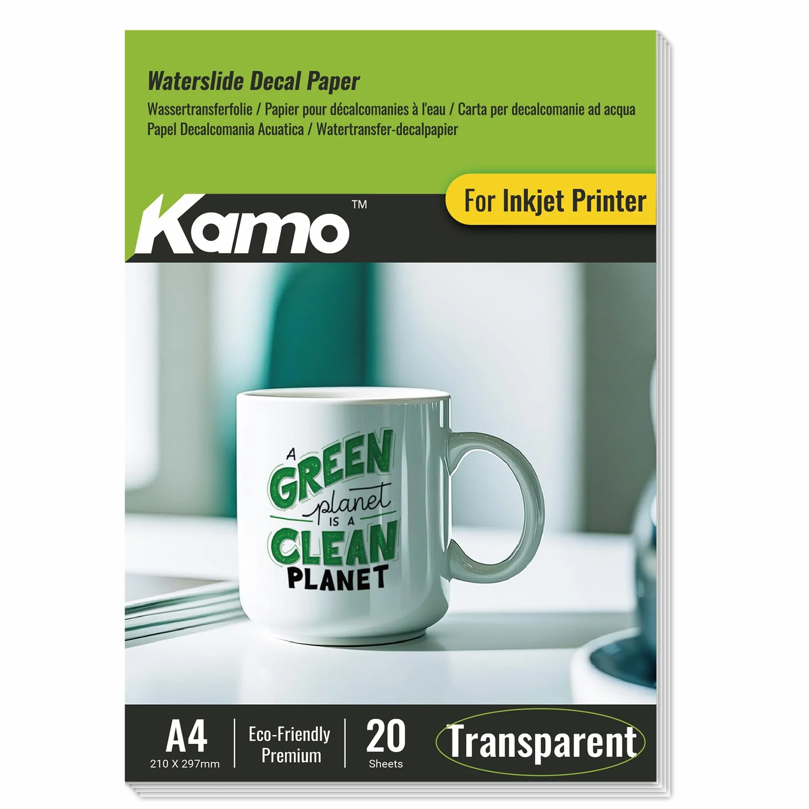 Kamo Przezroczysta folia do druku atramentowego A4 – 20 arkuszy folii dekoracyjnej do ceramiki, szkła, kubków, świec, tworzywa sztucznego i modelarstwa, projektów "zrób to sam"