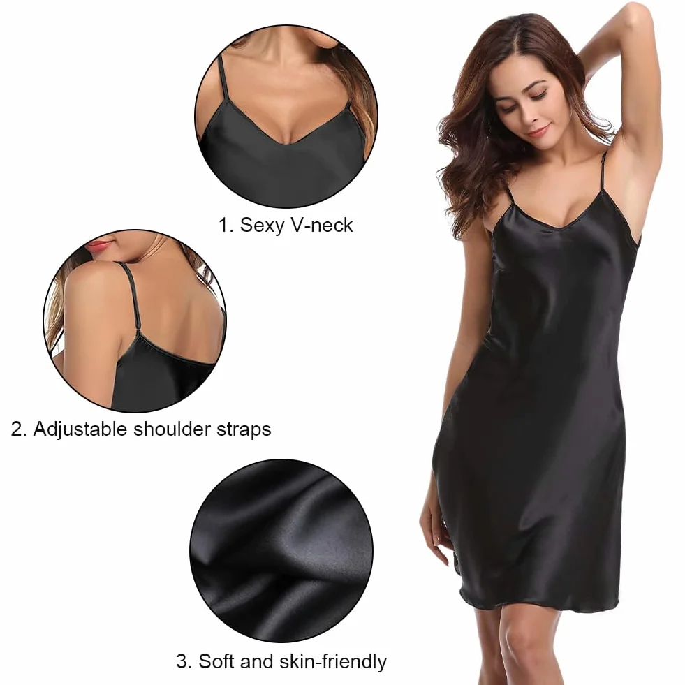 Aomig Damskie koszule nocne, satynowa koszula nocna, bez rękawów koszule nocne Babydoll, piżama damska z regulowanym paskiem koszula nocna bielizna z dekoltem w serek