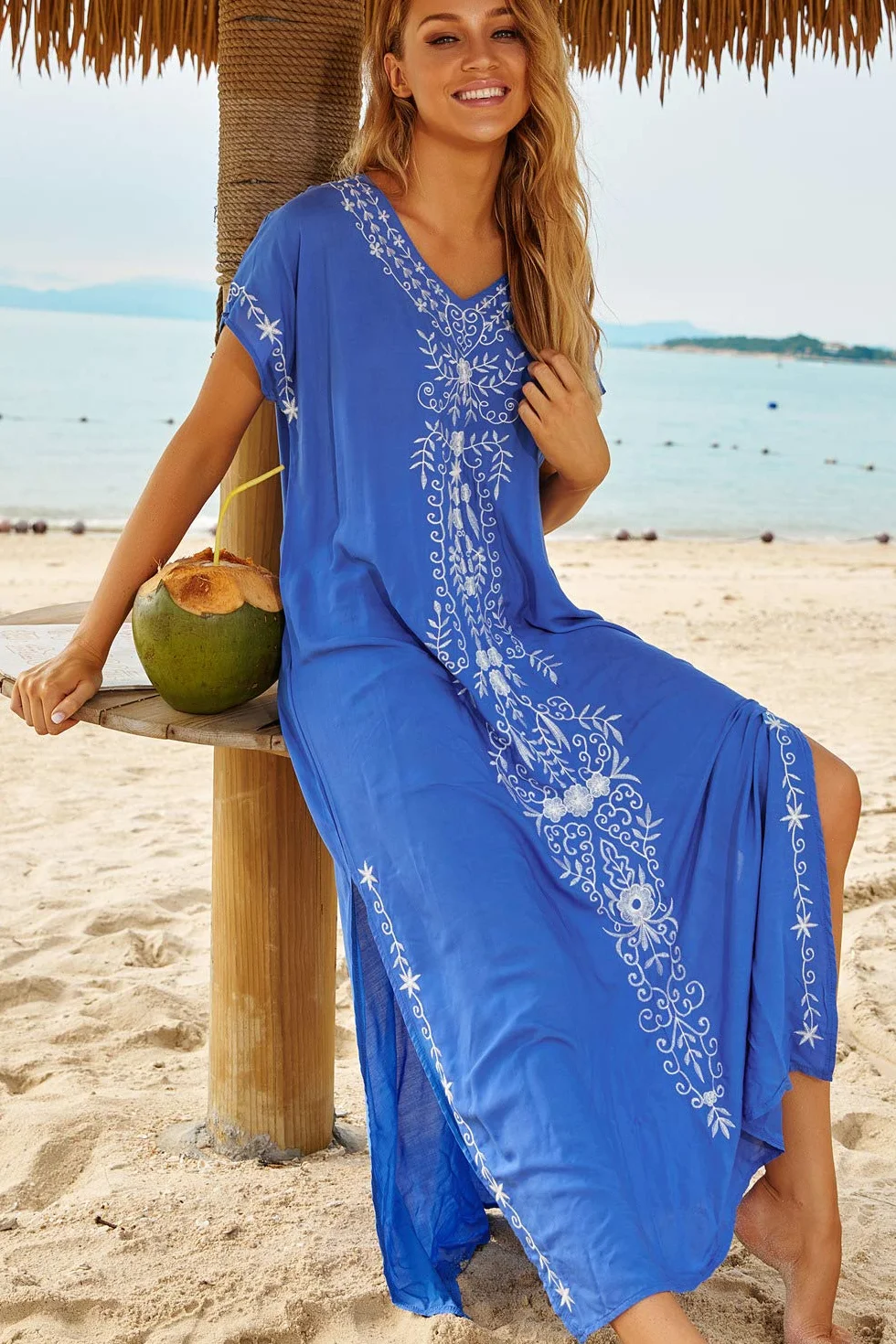 Letnia bawełniana haftowana kwiecista luźna kaftan boho plaża bikini okrycie sukienka plus size szlafrok dla kobiet