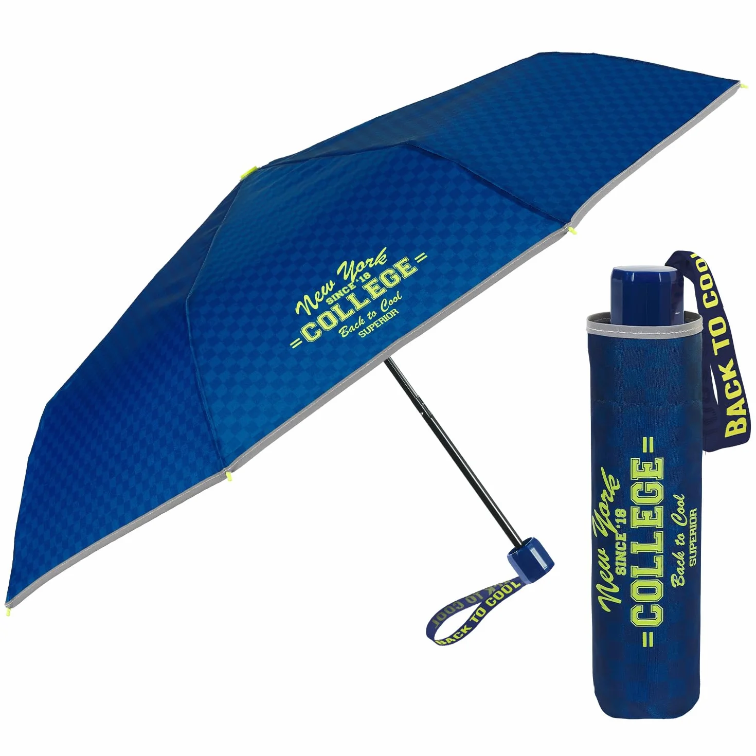 Składana Kompaktowa Parasolka dla Dzieci w Wieku 7+ Manualna - Mini Parasol Odblaskowymi Detalami Lekki Przenośny - Mały Kieszonkowy Wiatroodporny Parasol - Średnica 91 cm - Perletti (College)