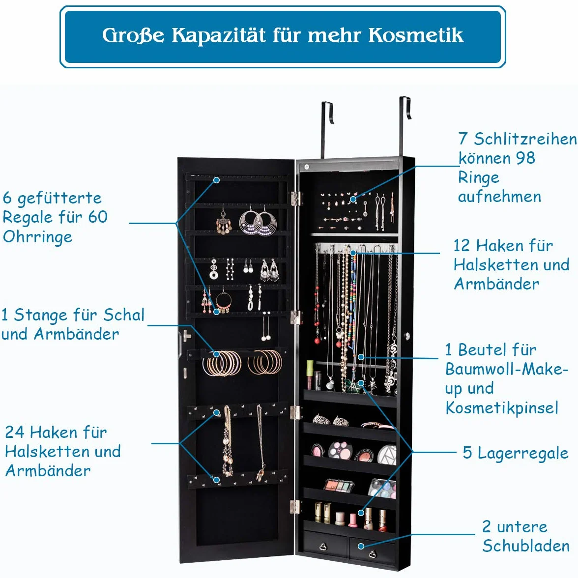GOPLUS Szafka na biżuterię, szafka z lustrem, wiszący regał na biżuterię z lustrem, z oświetleniem LED, wybór kolorów, na pierścionki, kolczyki, naszyjniki, bransoletki (czarny)