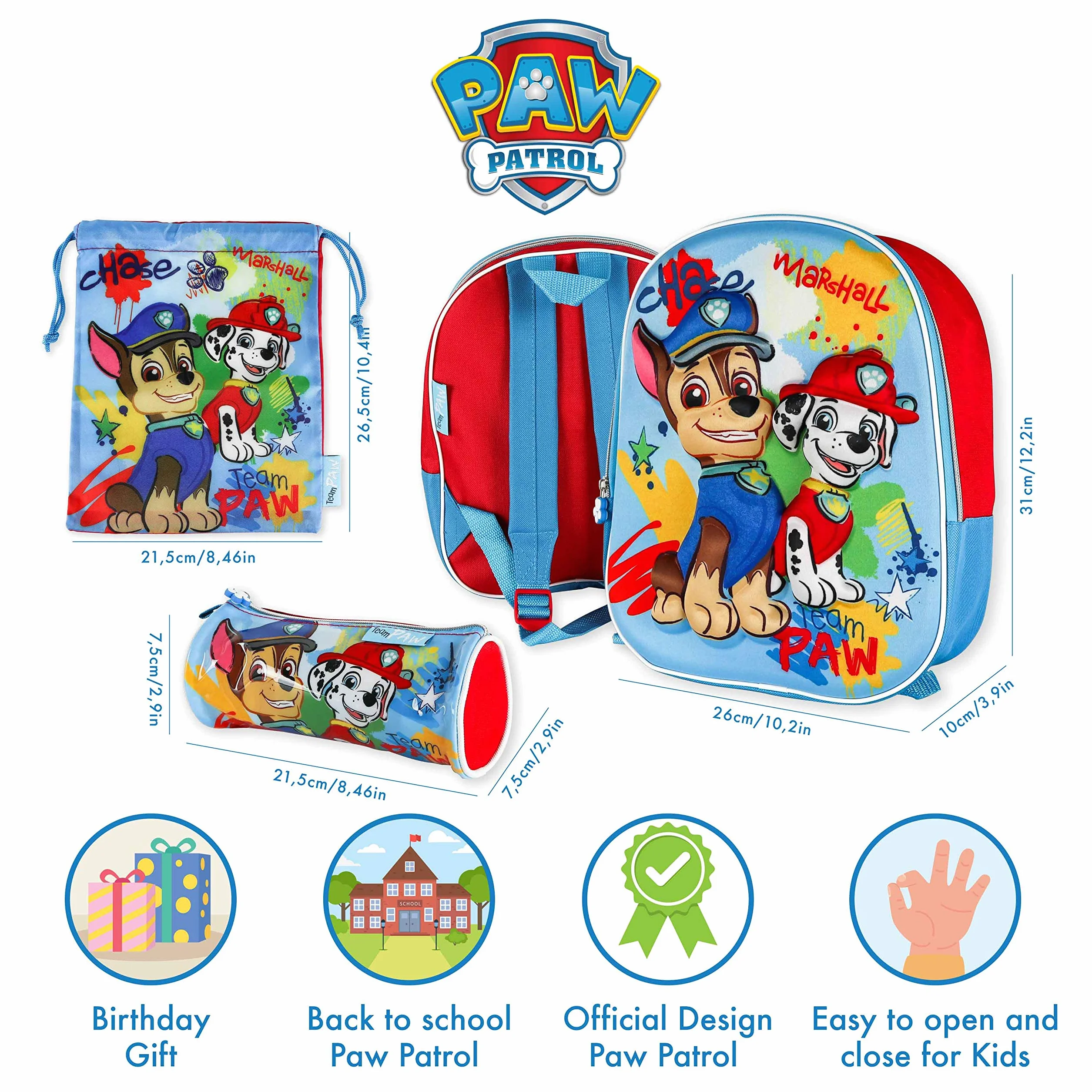 Tornister szkolny 3D, torba ze sznurkiem, piórnik - Paw Patrol | Tornister dla chłopców i dziewczynek od 3 lat | Tornister z plecakiem, torbą na lunch, piórnikiem | Powrót do szkoły z Paw Patrol