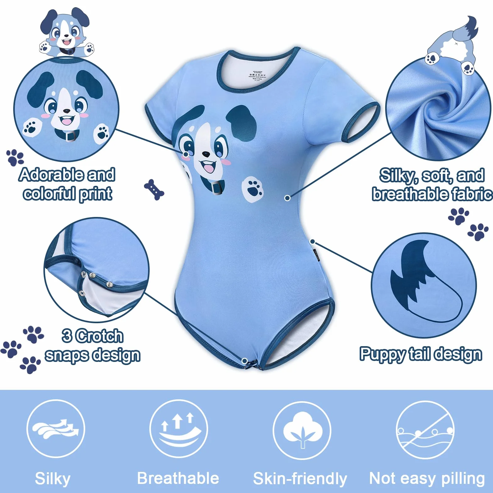 LittleForBig Jedwabiste śpioszki Onesie Piżama Bodysuit - małe niebieskie śpioszki body czysty wzór szczeniaka