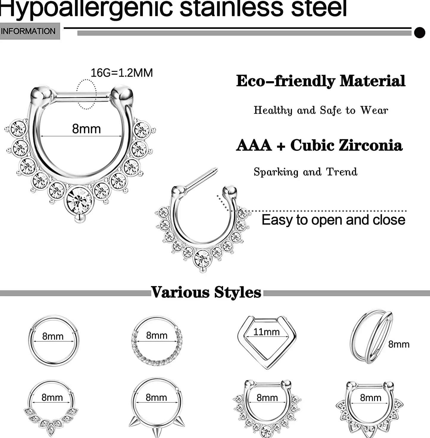 Adramata 16 sztuk kolczyków do piercingu przegrody nosowej typu septum, 16 g, kolczyk typu podkowa, stal nierdzewna, kolczyki do nosa, Hoop CZ (chrząstka, helix, tragus, septum, clicker, piercing 8