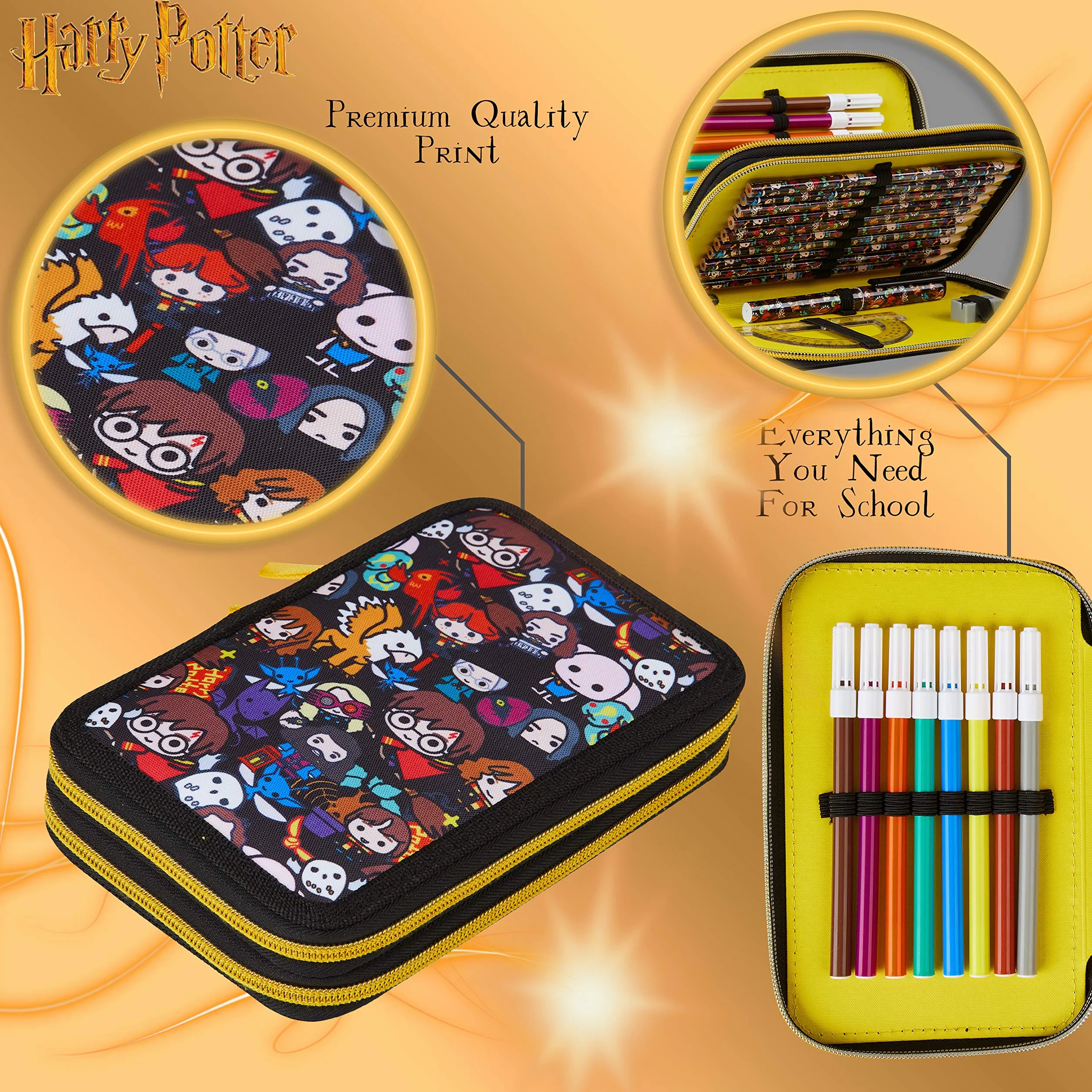 Harry Potter Piórnik dziecięcy z przegródką kolorowe kredki do kolorowania, artykuły szkolne, prezent na powrót do szkoły, Czarny aop, One Size, Nowoczesny