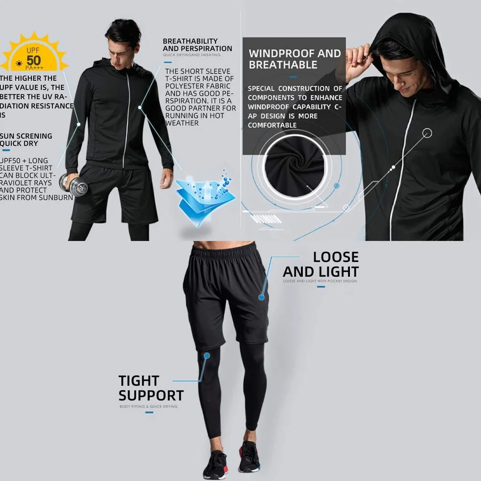Męski dres treningowy, 5 sztuk, koszulka kompresyjna, odzież sportowa, szybkoschnąca, oddychająca, do biegania, na siłownię, fitness