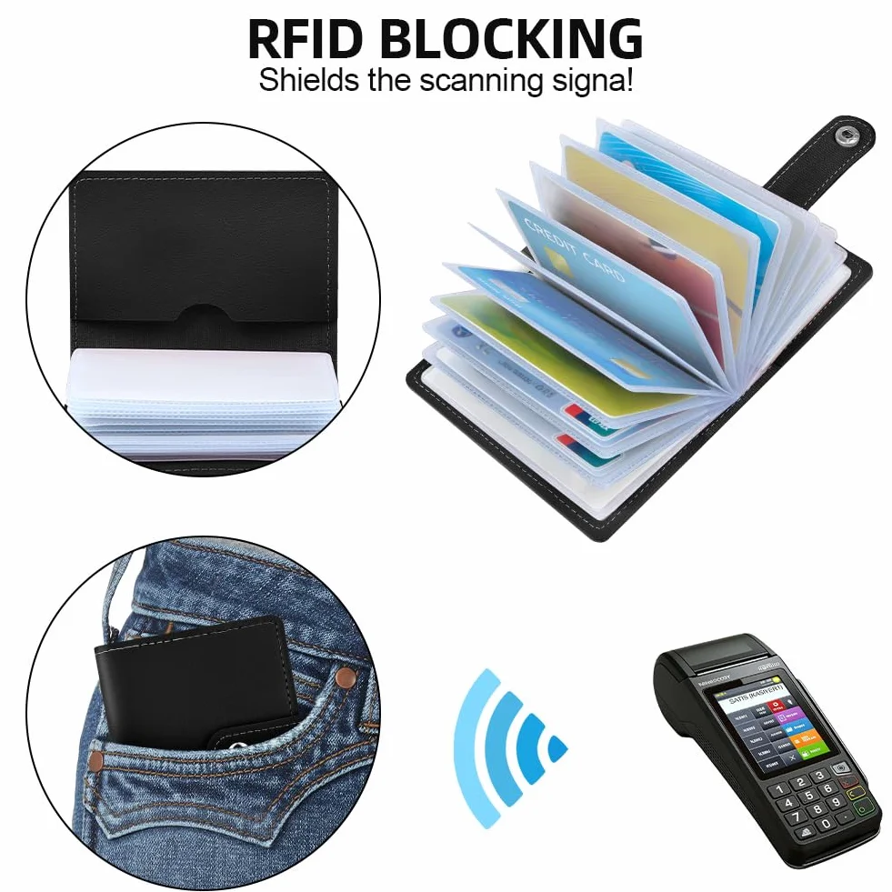 OSDUE Etui na karty kredytowe ze skóry PU, portfel RFID/NFC Secure Protection z 26 przegródkami chroniącymi przed kradzieżą, uchwytem na karty, wąskim portfelem męskim i damskim na dowód osobisty