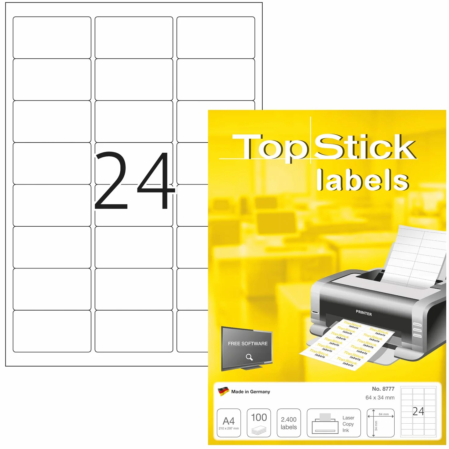 TopStick 8777 Naklejki adresowe DIN A4 (64 x 34 mm, 100 arkuszy, papier, matowy) samoprzylepne, do zadrukowania, trwałe etykiety uniwersalne, 2400 etykiet samoprzylepnych, białe