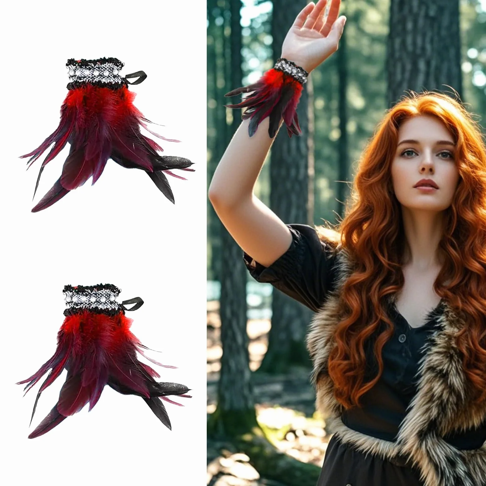 1 para damskich mankietów z piórami, kostiumy gotyckie pióra, mankiety, akcesoria do kostiumu, bransoletka z piórami na karnawał, Halloween, maskaradę, cosplay