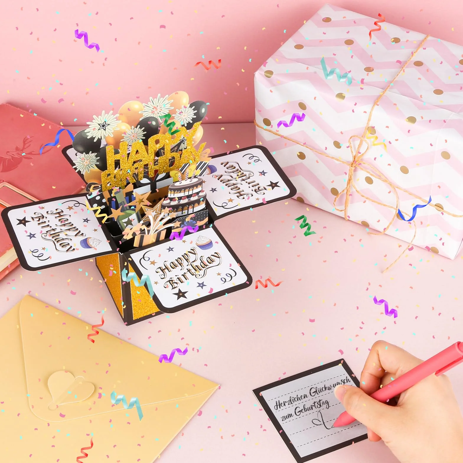 Kartka urodzinowa 3D Pop Up, czarno-złota kartka urodzinowa 3D, z kopertami i kartami, kartka urodzinowa 3D z balonami i fajerwerkami, na życzenia urodzinowe