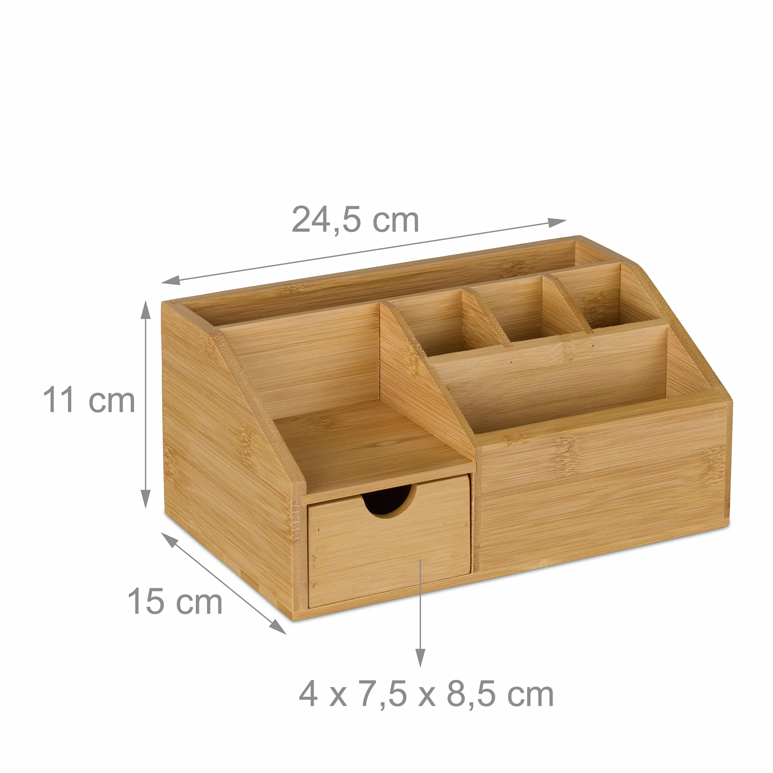 Relaxdays Organizer na biurko, z szufladą, 6 przegródek, z bambusa, wys. x szer. x gł.: 11 x 24,5 x 15 cm, organizer biurowy, naturalny