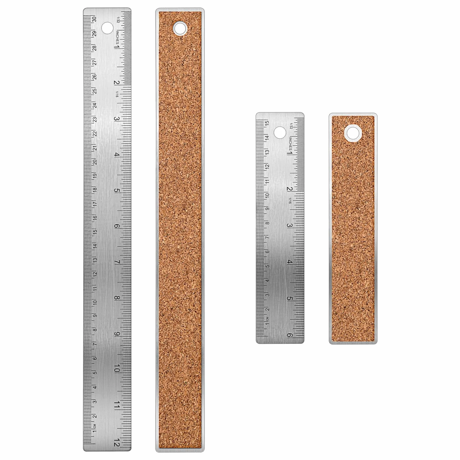 Linijka ze Stali Nierdzewnej 15 cm i 30 cm - Metalowa z Korkiem, Prostą Krawędzią, Antypoślizgowa z Calami i Centymetrami - do Szkoły, Biura, Inżynierii Rysunkowej