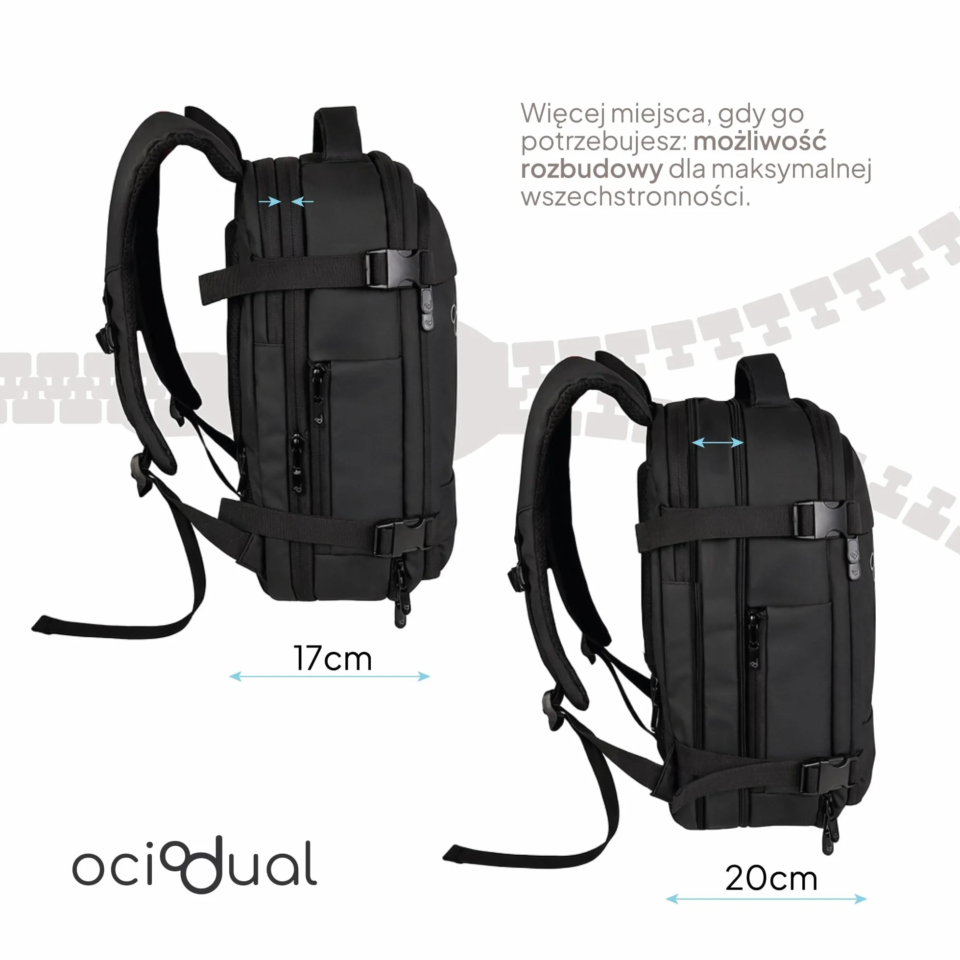 OcioDual Plecak podręczny Ociodual 40 × 30 × 20 cm, rozszerzalny plecak kabinowy, torba kabinowa z przegrodą na laptopa, wieloma kieszeniami i otwarciem 180°, czarny