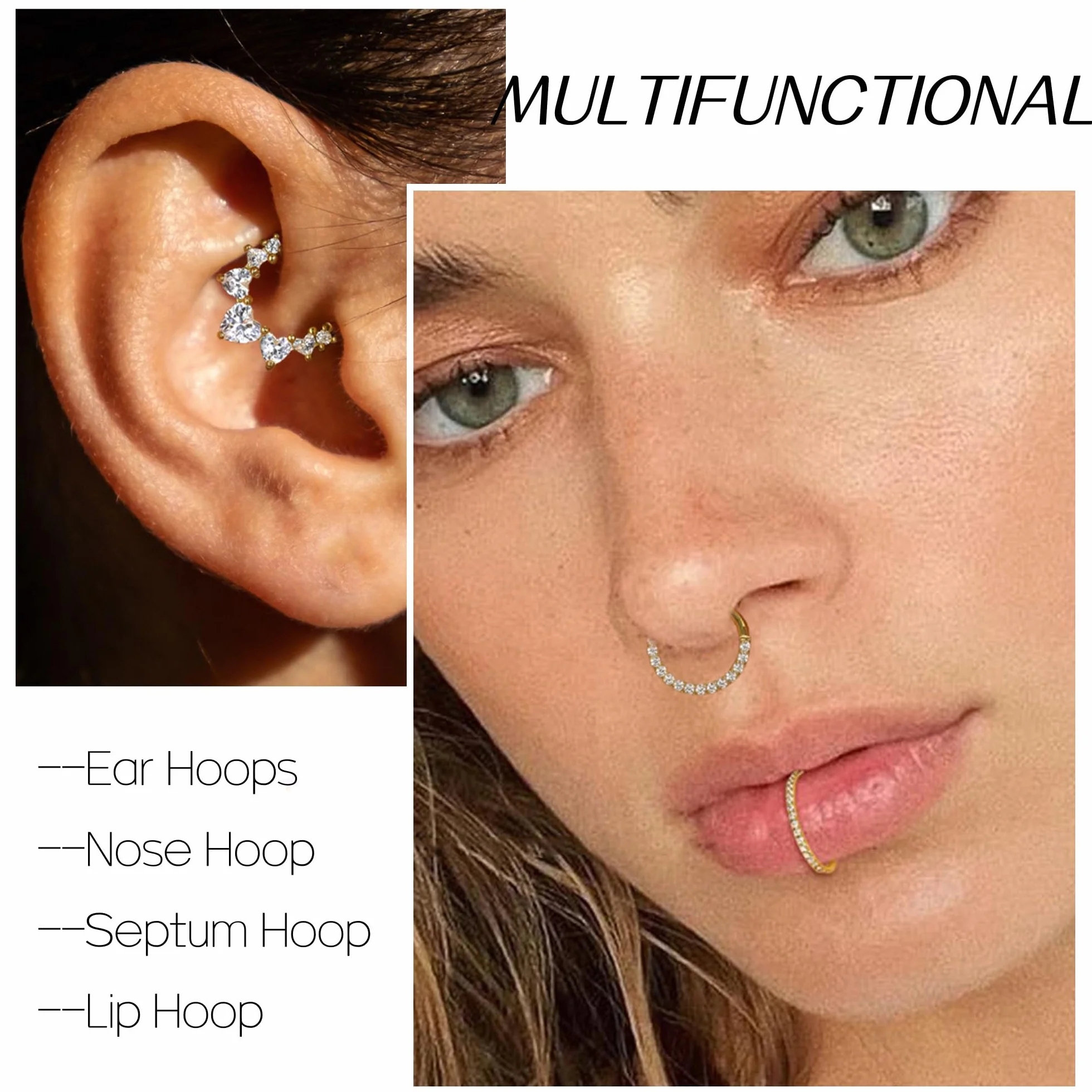 Kolczyk do nosa dla kobiet, stal nierdzewna, złoty, srebrny, piercing helix, septum, tragus conch, piercing wargi, nosa, cyrkonia, biżuteria 8 mm/10 mm