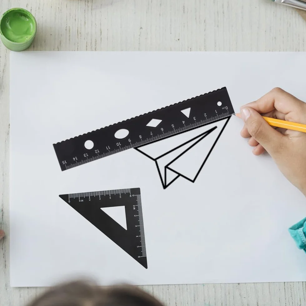 Czarna linijka pomiarowa, narzędzie do geometrii matematycznej, zestaw linijki ze stopu aluminium zawiera linijkę, trójkąt, kątomierz do rysowania i pomiaru dla studentów, nauczycieli,