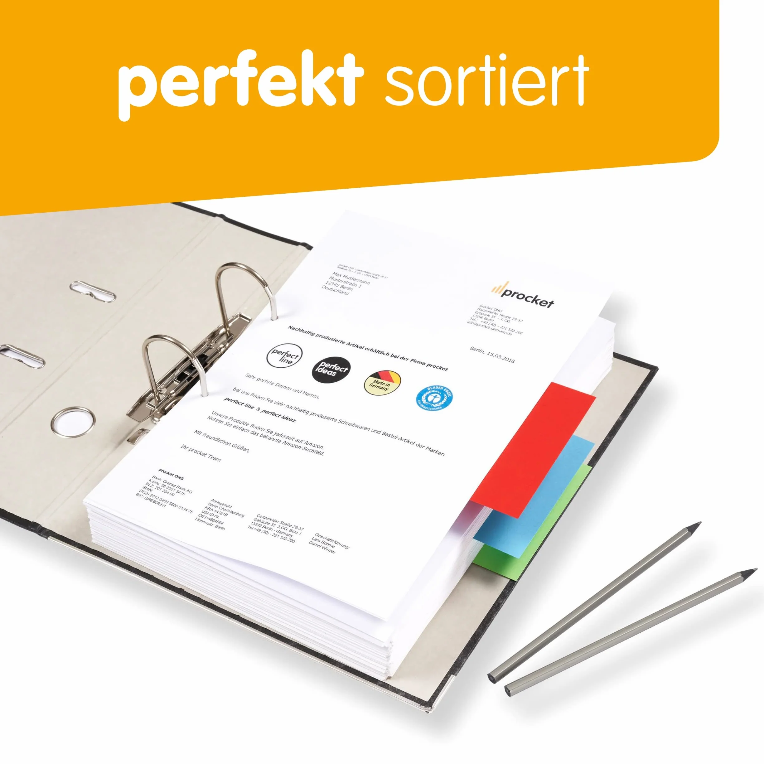 perfect line 100 Przekładki do Segregatora, Kartonowe Przekładki do Segregatorów z Recyklingu, Separatory do Segregatora Made in Germany, Przekładki Wielokolorowe, 5 Kolorów, Dziurkowane