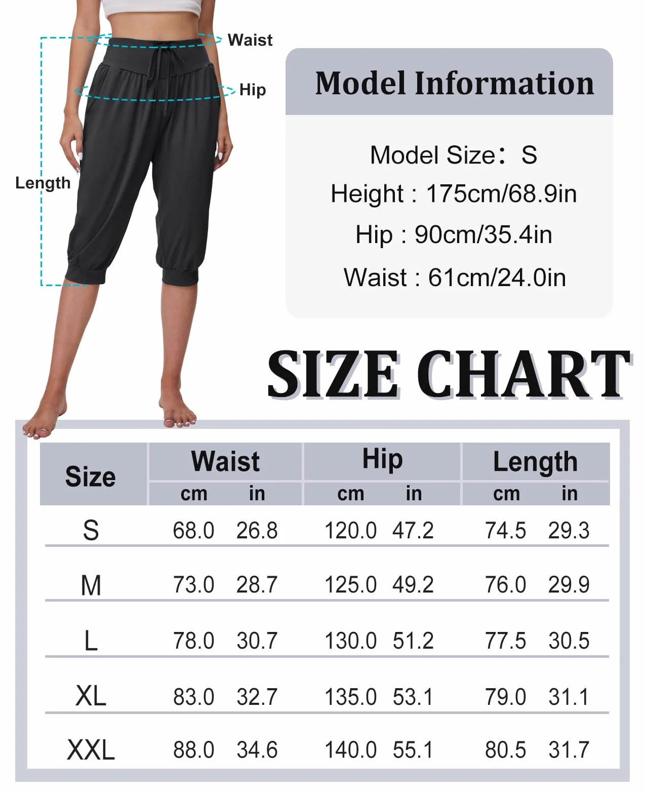 BATHRINS Damskie spodnie haremki 3/4 do jogi, spodnie do joggingu, spodnie capri, letnie spodnie do pilatesu, lekkie spodnie sportowe z kieszeniami, sznurek
