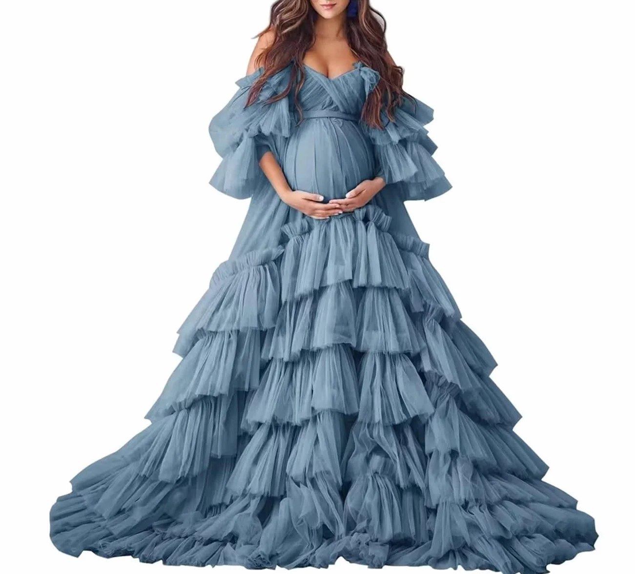 Tiulowy szlafrok sukienka ciążowa na sesję zdjęciową długa przezroczysta bielizna ślubna bufiaste falbany baby shower suknia ciążowa