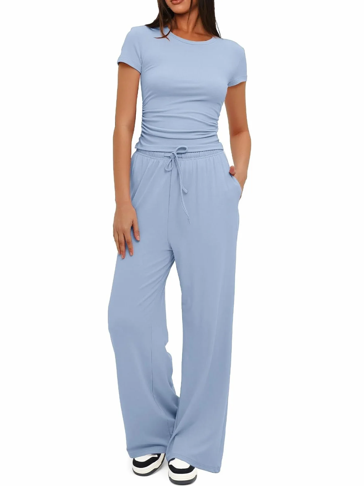 Luźny streatwear dres treningowy dla kobiet, wysoka talia, odzież sportowa, modny, 2-częściowy, miękki top z krótkimi rękawami i szerokimi nogawkami