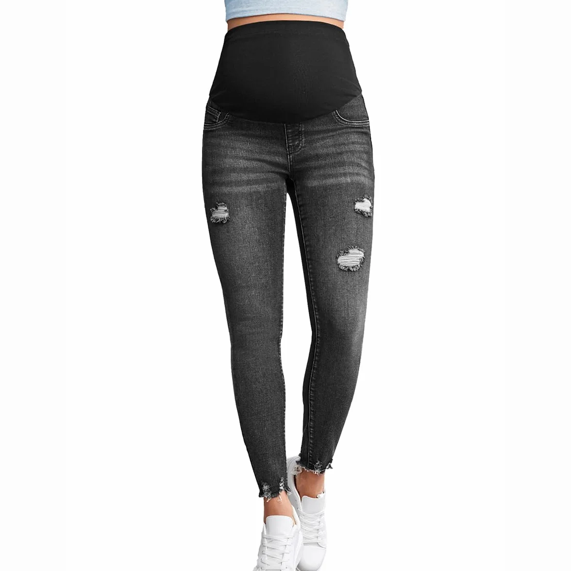 Dżinsy ciążowe z wysokim stanem modne perforowane dżinsy top up slim fit majtki ciążowe obcisłe spodnie