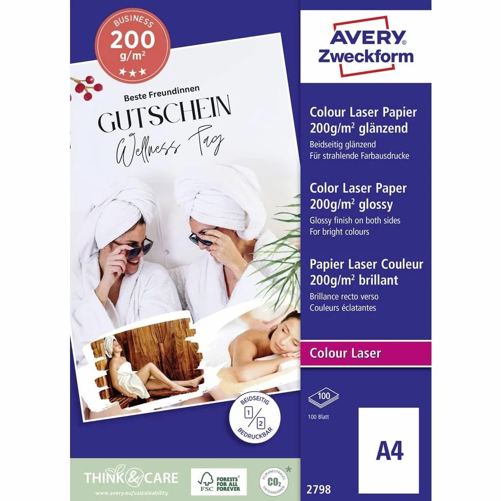 Avery Zweckform Art. 2798 Business Colour Laser papier (100 arkuszy, 200 g/m² DIN A4, błyszczący papier do drukarek, obustronnie powlekany, odporny na ścieranie, papier uloteczny do drukarek