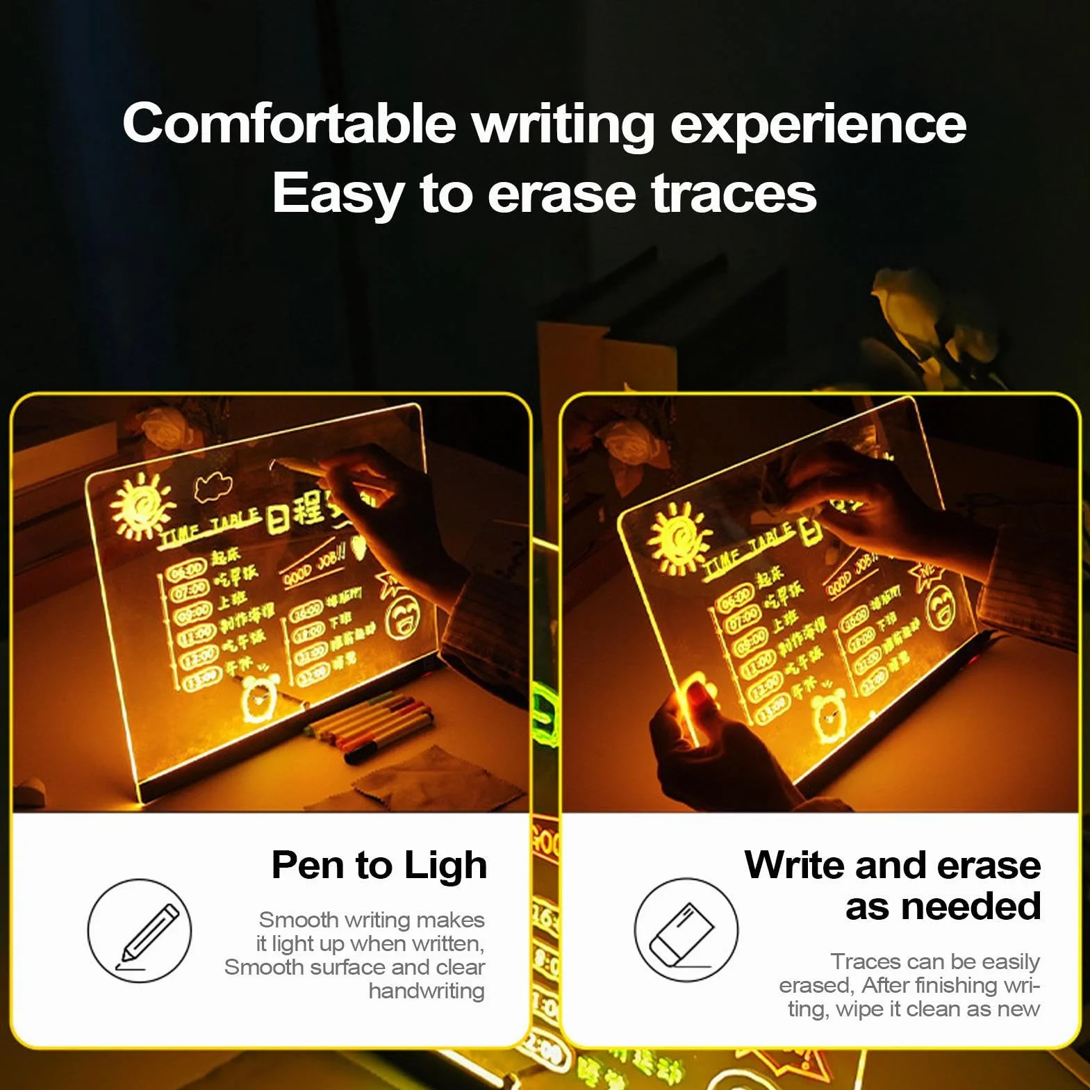 Keyubria Akrylowa p?yta do usuwania suchej z ?wiat?em, tablica kre?larska | LED Dry Dreas Erase Board,Przepisywany glow akrylowa notatka do nauki edukacyjnej rozrywki gier