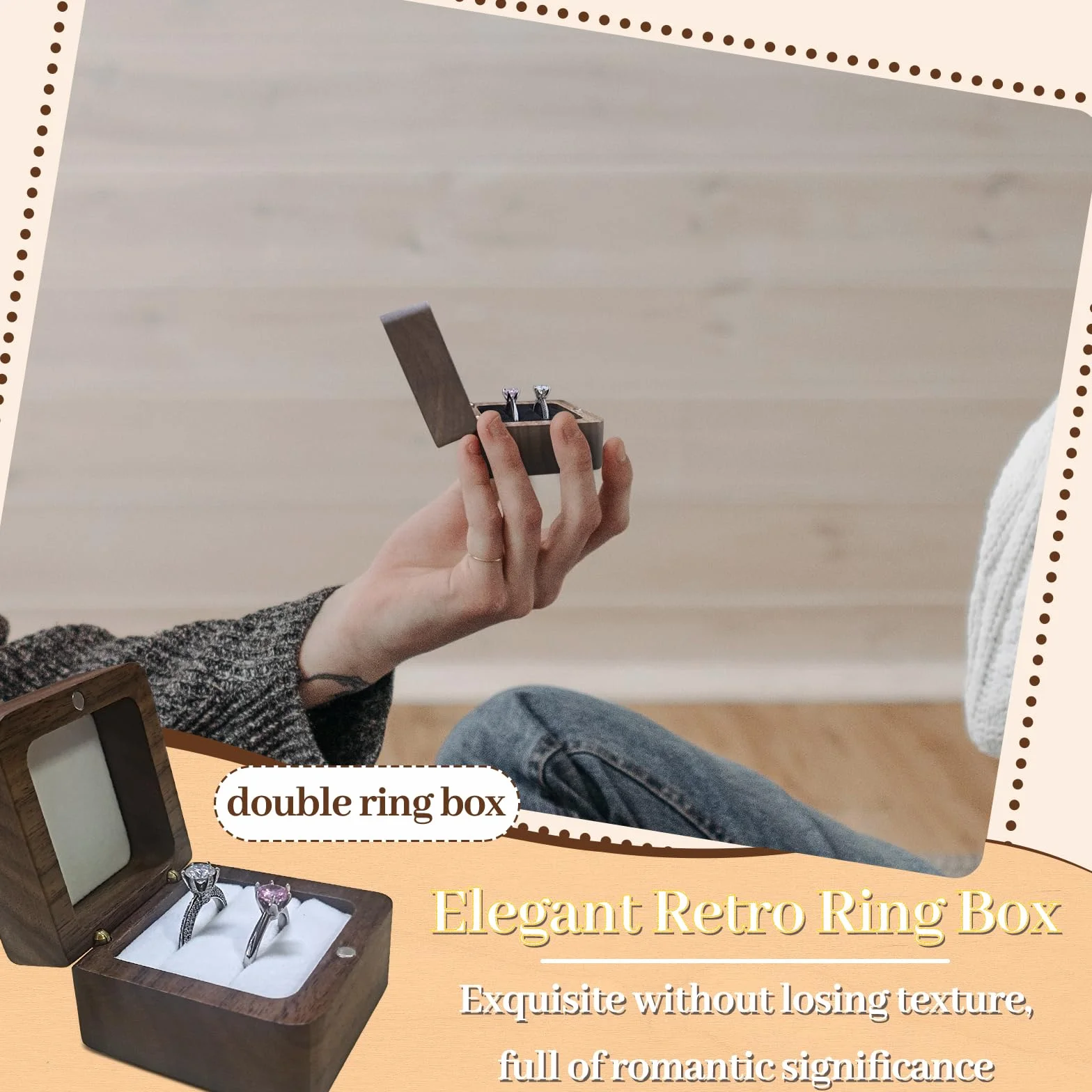 Mini Jewelry pudełko na pierścionki, pudełko prezentowe z podwójnym otworem, kwadratowe pudełko na obrączki ślubne, pierścionki retro, do przechowywania na wesele, ceremonię (białe)