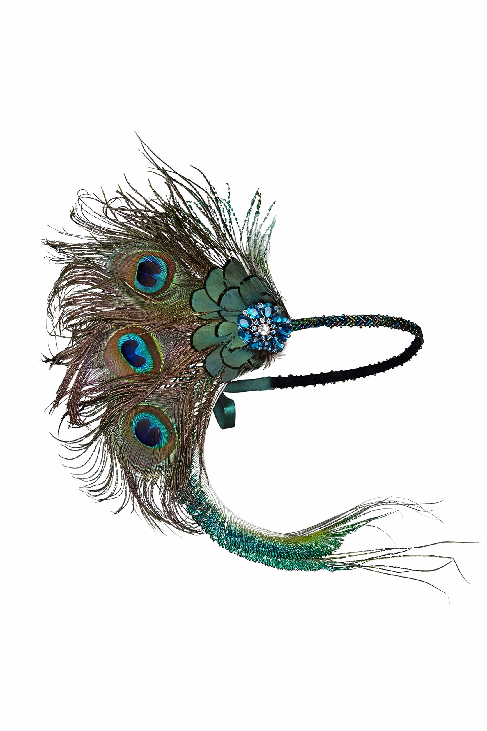 ArtiDeco Damska opaska na włosy inspirowana pawimi piórami w stylu lat 20. XX wieku, inspirowana Great Gatsby, damska opaska do kostiumu