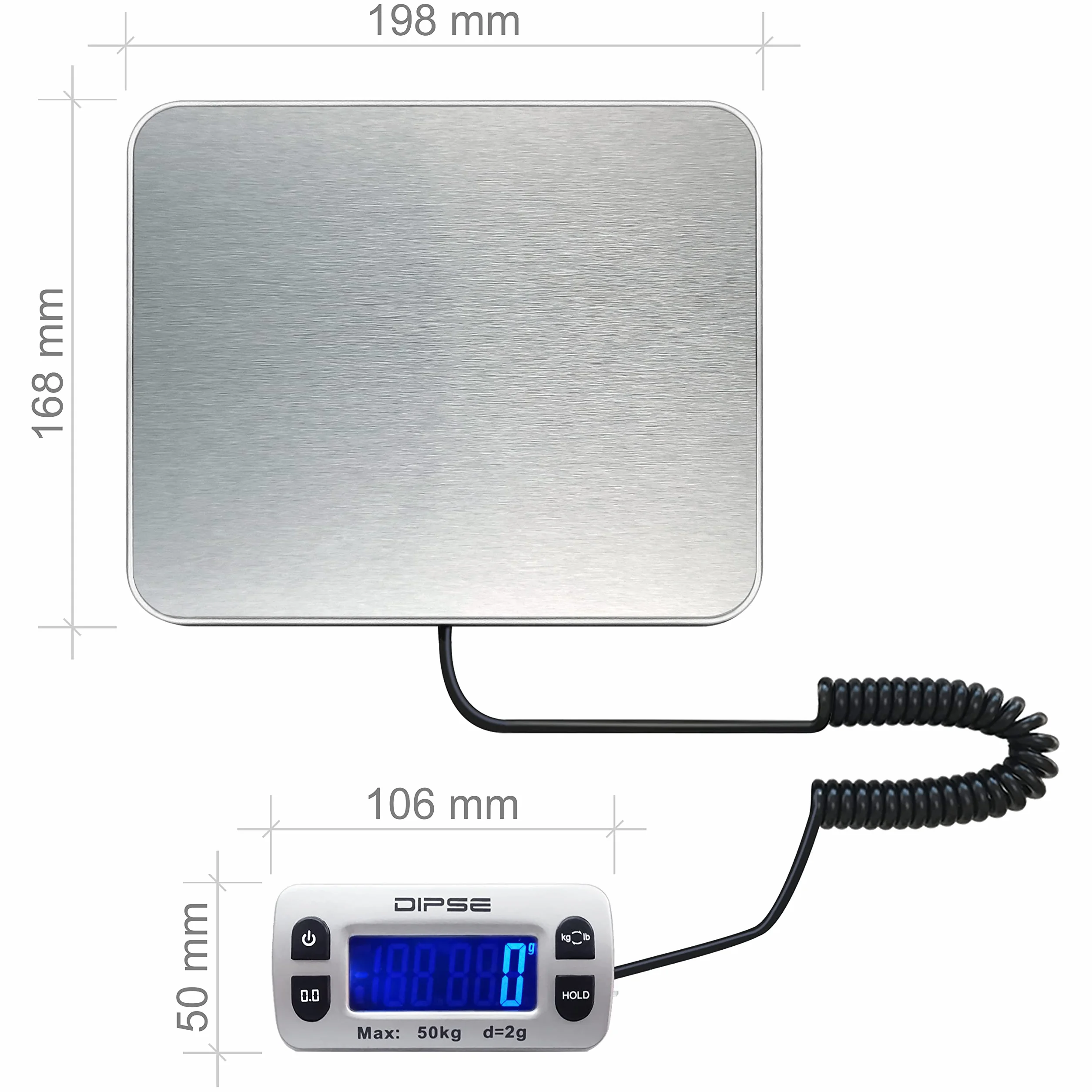 DIPSE Parcel Mini waga do pakowania z wyświetlaczem zewnętrznym i dużą wagą, 50 kg x 0,002 kg