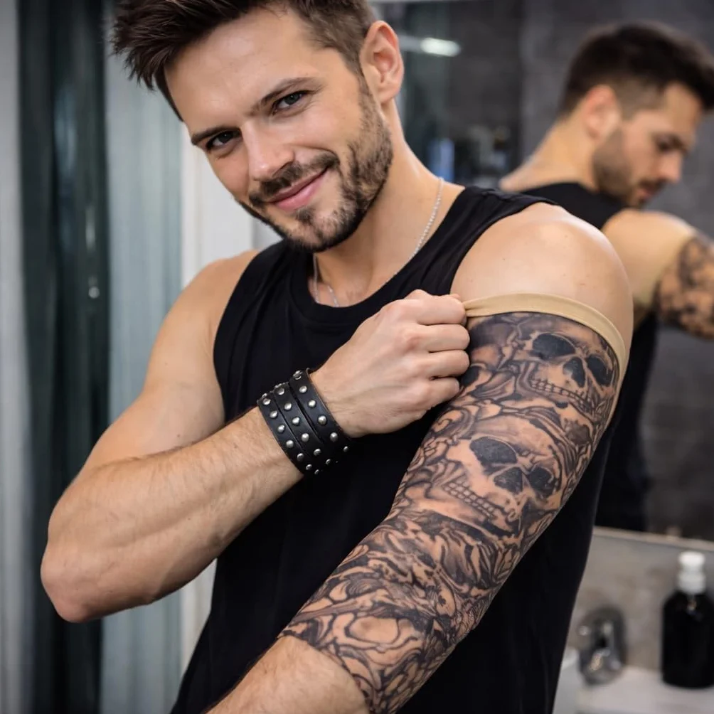 Kostimheld® tatuaż z rękawami z nylonu – łudząco prawdziwe – męskie – podkolanówki na karnawał i Halloween – rocker