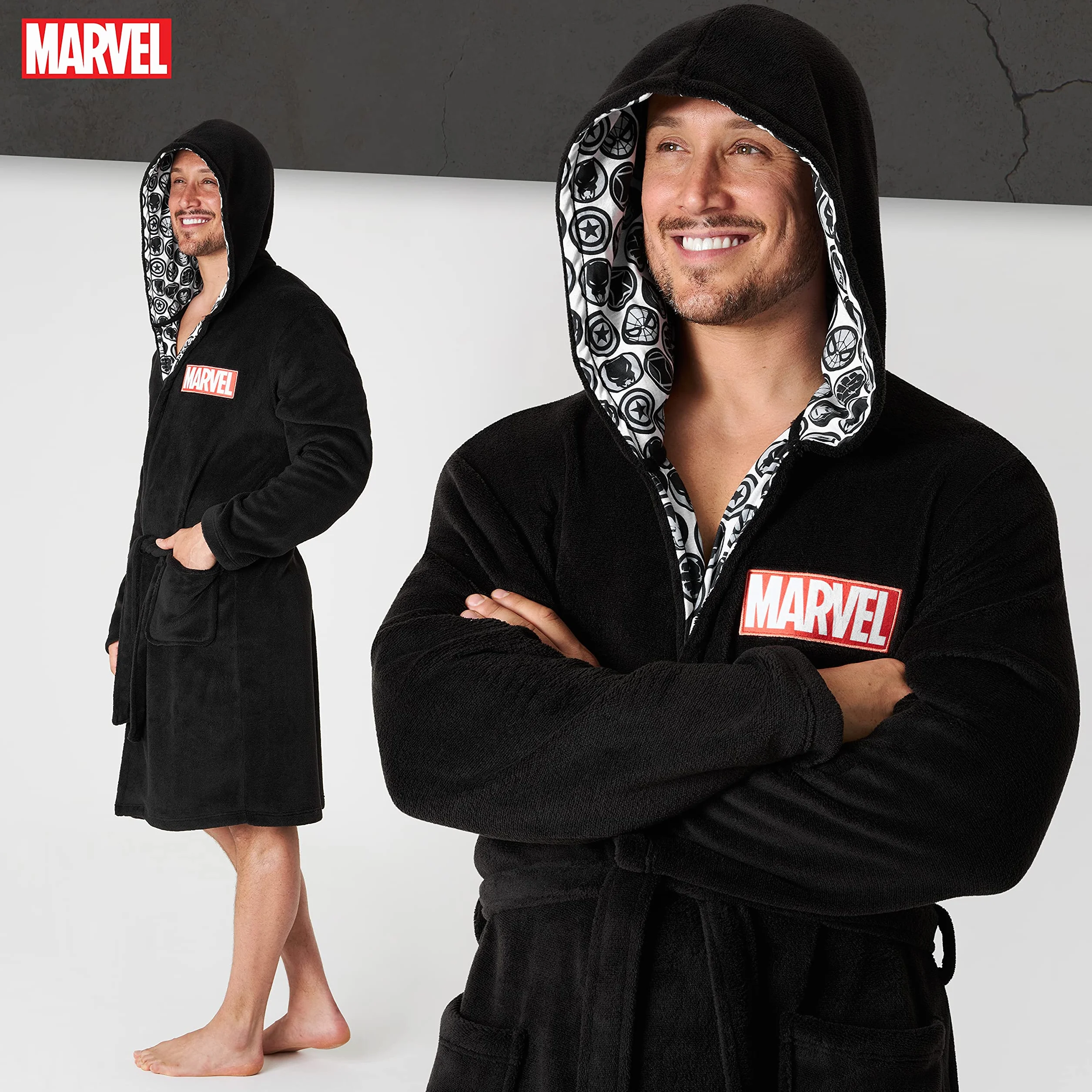 Marvel Szlafrok męski, puszysty, polarowy szlafrok poranny z kapturem