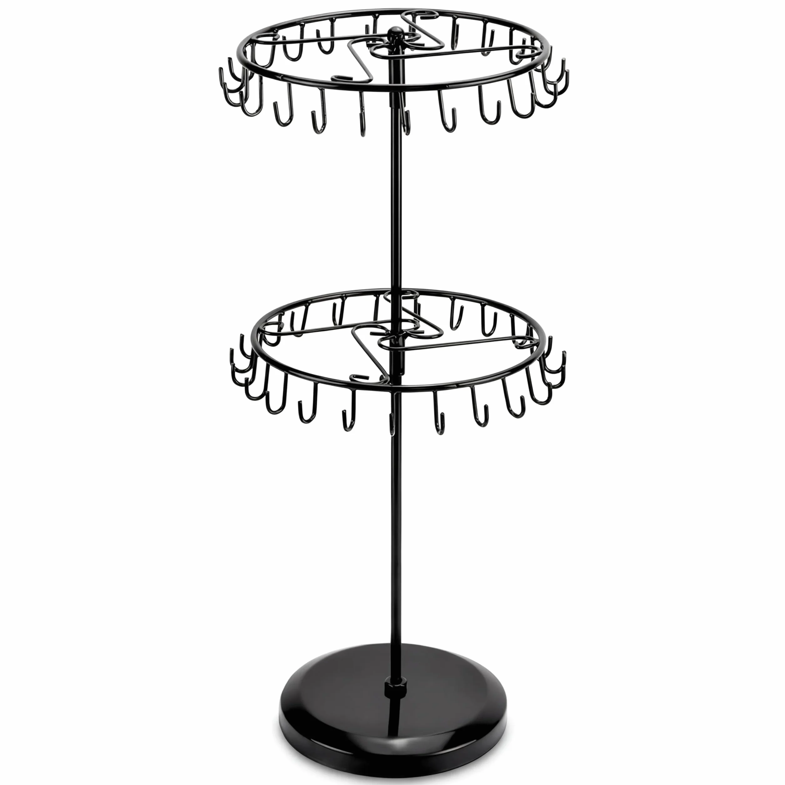 QWORK® Obrotowy stojak na biżuterię z 23 haczykami, drzewko na biżuterię, wiszące przechowywanie naszyjników, bransoletek, pierścionków, kolczyków, wys. 34,8 x szer. 20,5 cm, czarny, 2 niveaus, Żelazo