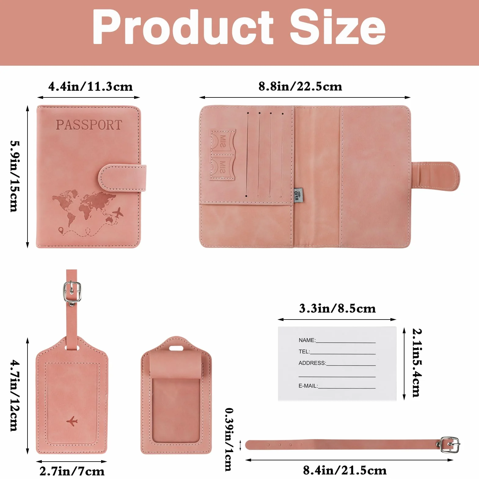 FuninCrea zestaw etui na paszport i zawieszka do walizki, etui na dokumenty ze sztucznej skóry z blokadą RFID, etui z wieloma przegródkami na paszport, wizytówki, karty kredytowe, Rosa, 11,5 x 15 cm
