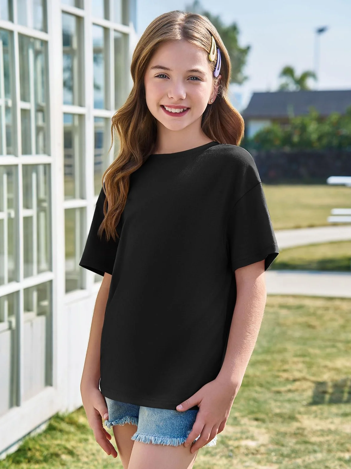 Haloumoning T-shirty dziewczęce, okrągły dekolt, krótki rękaw, jednokolorowe, na co dzień, na lato, oversize, swobodne topy basic