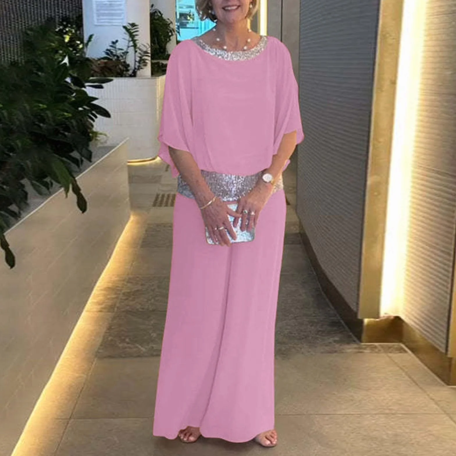 Elegancki dwuczęściowy zestaw z cekinami Colorblock z cekinami, 2-częściowe zestawy spodni z okrągłym dekoltem, szyfonowe spodnie z szerokimi nogawkami
