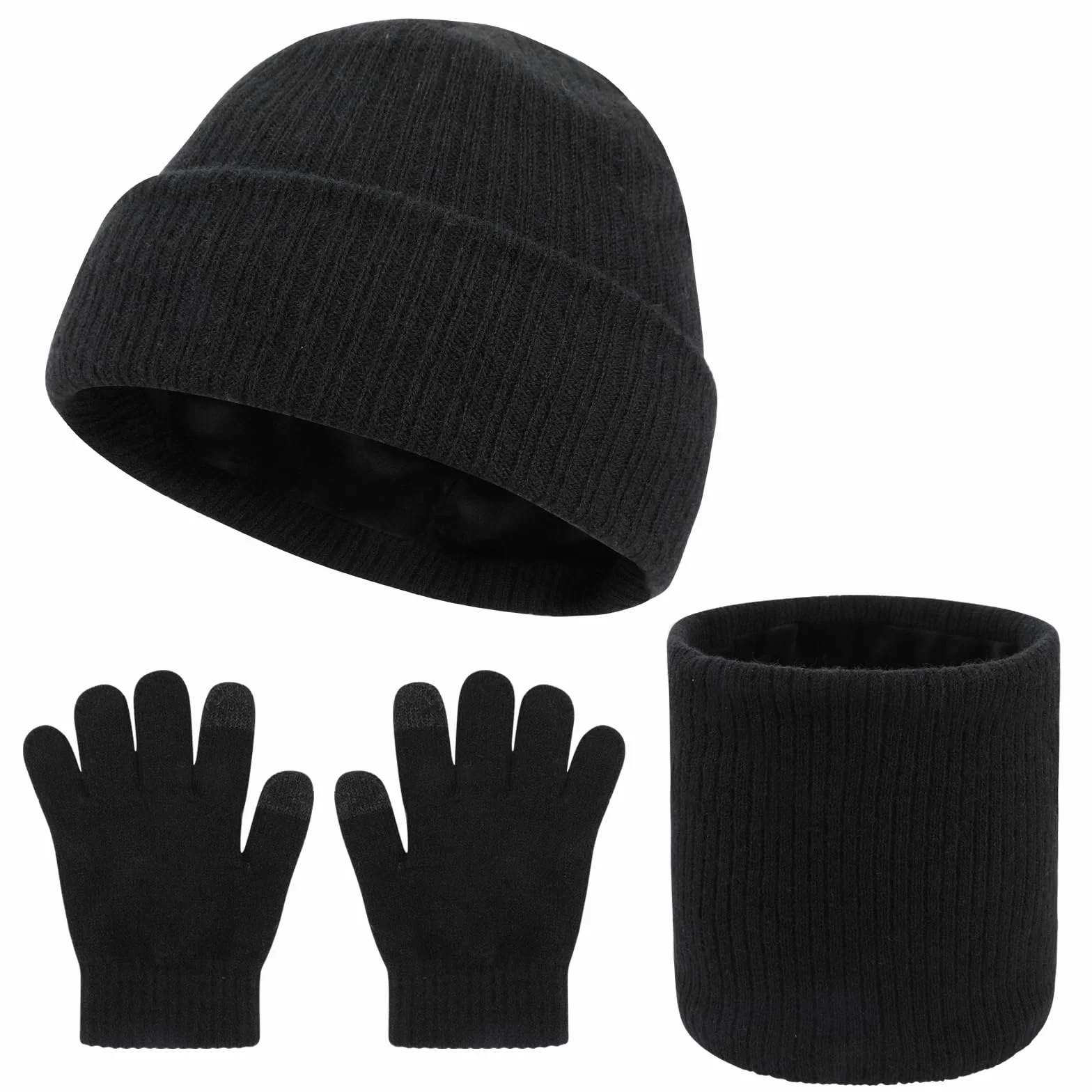 QKURT Dziecięca czapka beanie, szalik, rękawica, dziecięca zimowa czapka termiczna ocieplacz na szyję rękawiczki do ekranu dotykowego miękki ciepły kapelusz szalik rękawica kolorowa dla 5-10 lat