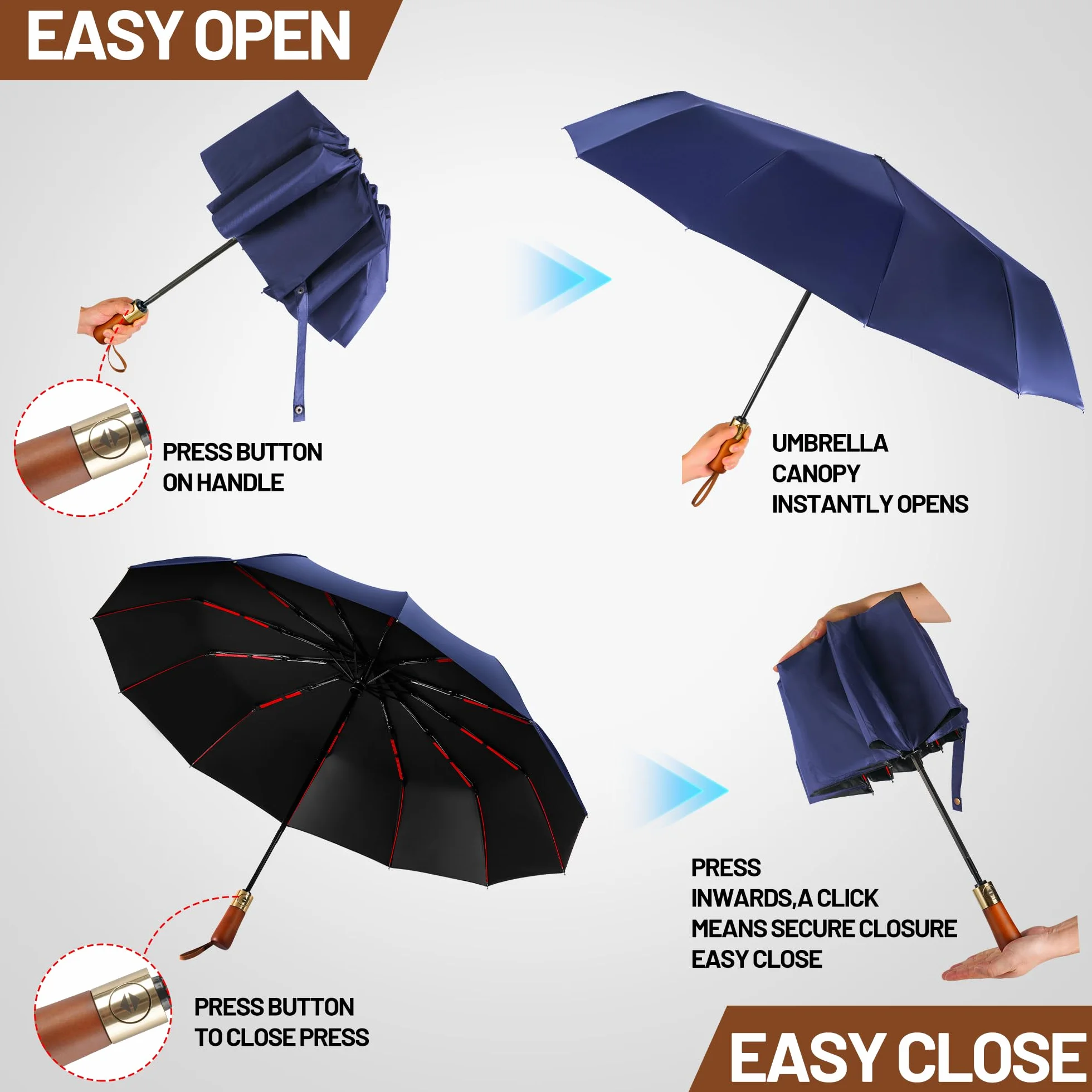 Parasol kieszonkowy, odporny na burzę, duży, 10 żeberek, wiatroszczelny, burzowy, parasol kieszonkowy, granatowy