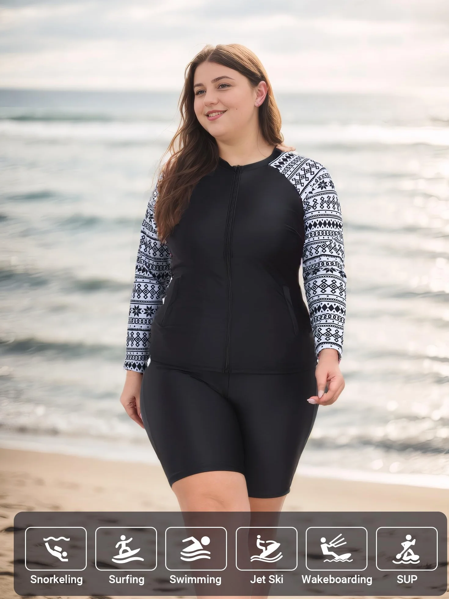 Owntop Damska koszulka kąpielowa z zamkiem błyskawicznym typu Rashguard, z wysokim stanem, szybkoschnąca koszulka kąpielowa UPF 50+, do pływania, surfowania