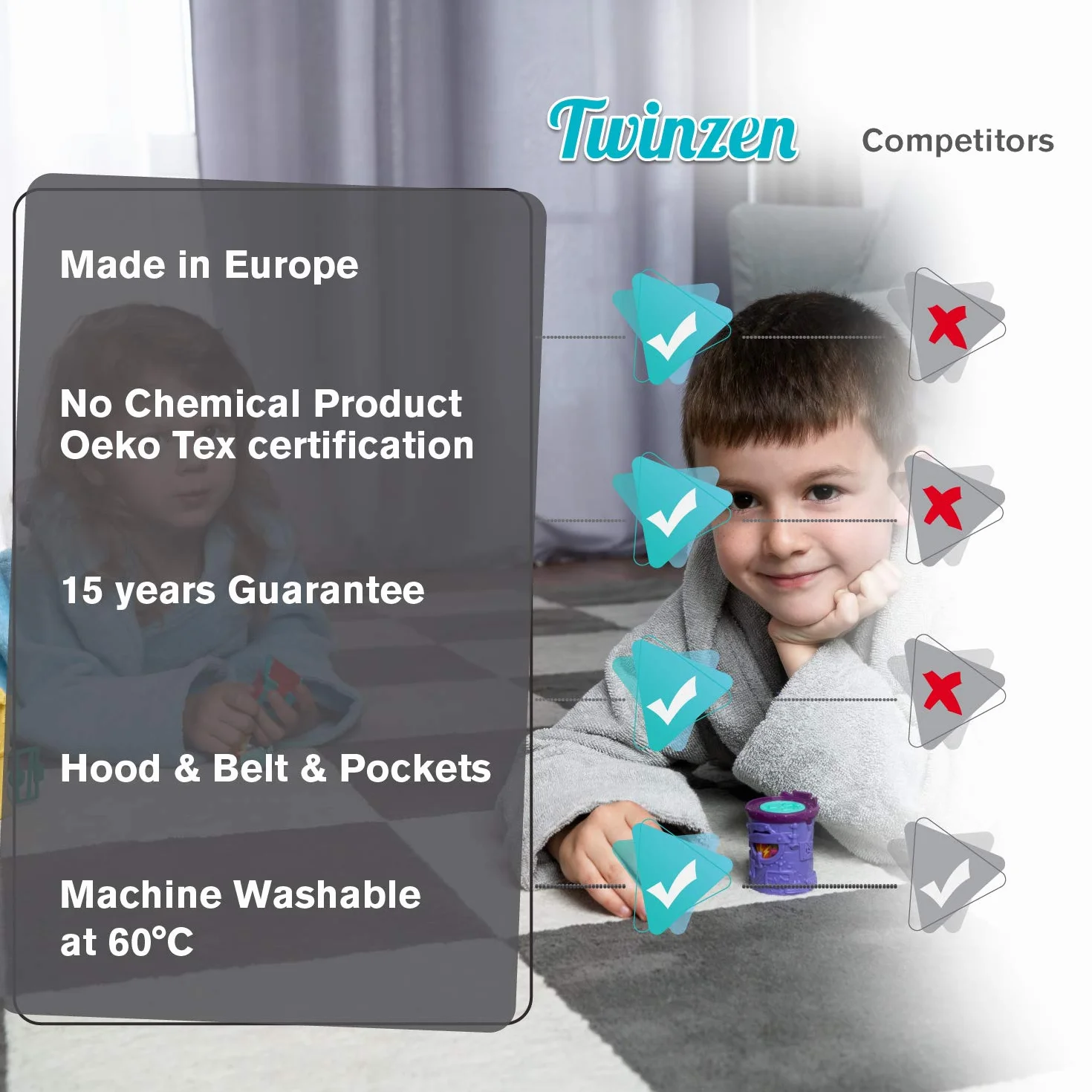 Twinzen - bawełniane dziecko szlafrok dla dziewczynki i chłopca - 100% Oeko-Tex® Bawełna Brak chemikaliów- 2 kieszenie, pas, kaptur z uszami