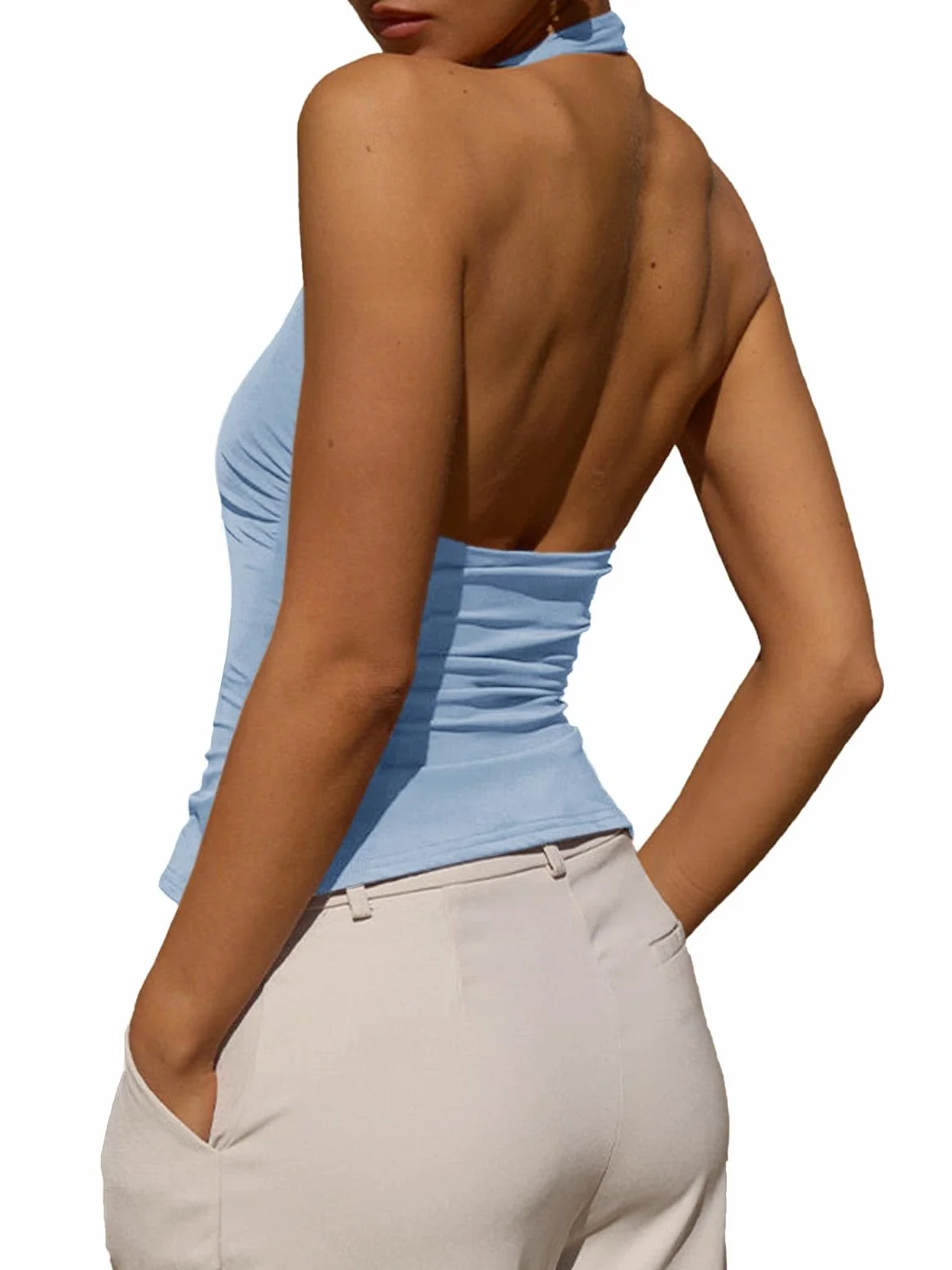 Tankaneo Damski seksowny top wiązany na szyi, okrągły dekolt, bez pleców, tank top, na lato, marszczony, krój slim fit