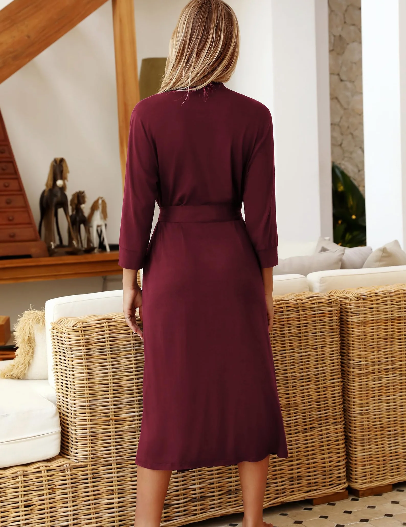 Ekouaer Damski szlafrok poranny z rękawami 3/4, kimono, luźny, miękki, lekki, długi, do wypoczynku, dekolt w serek, dressing, rozmiar S-XXL