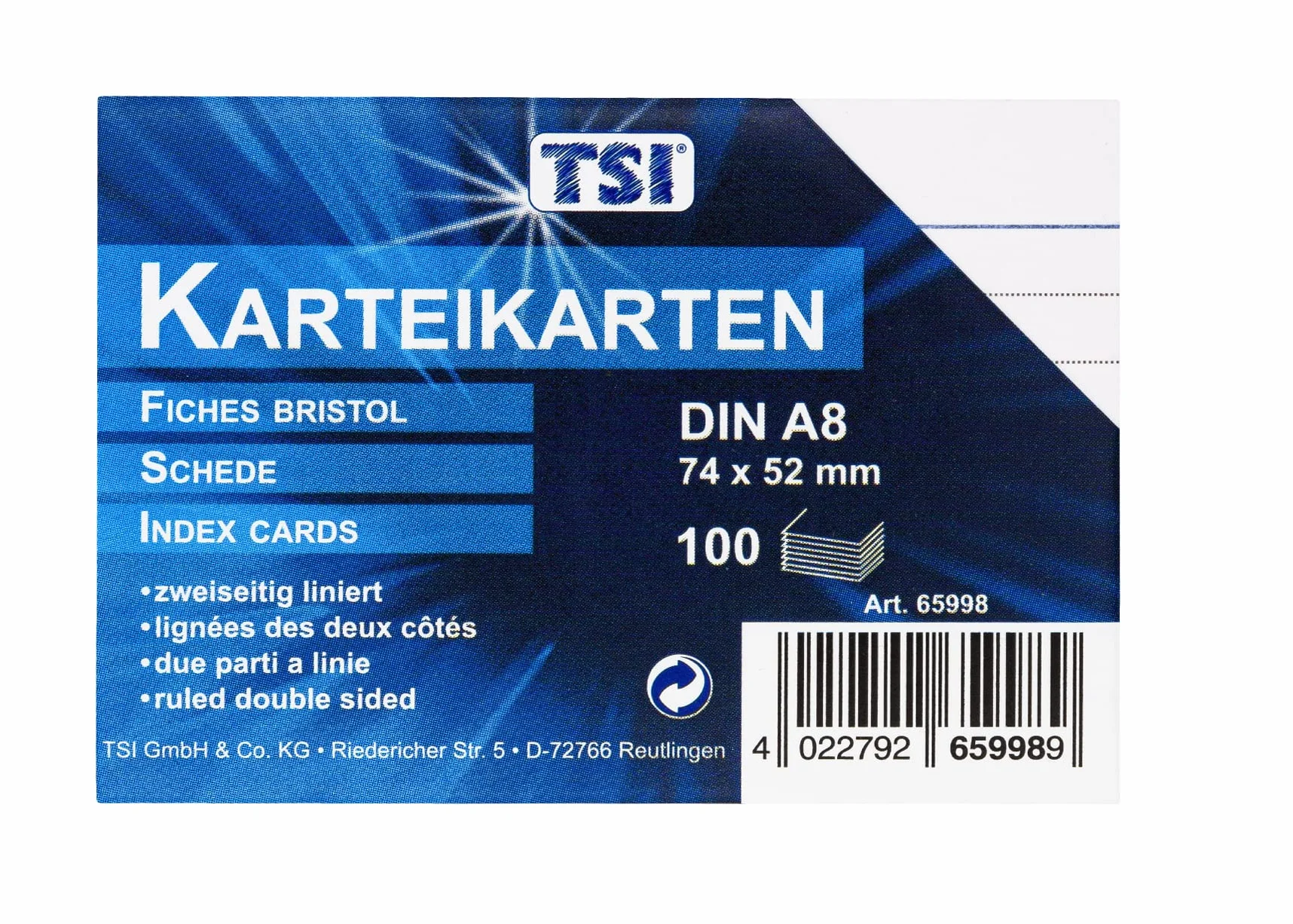 TSI Fiszki DIN A8, opakowanie 100 sztuk, w linie, białe