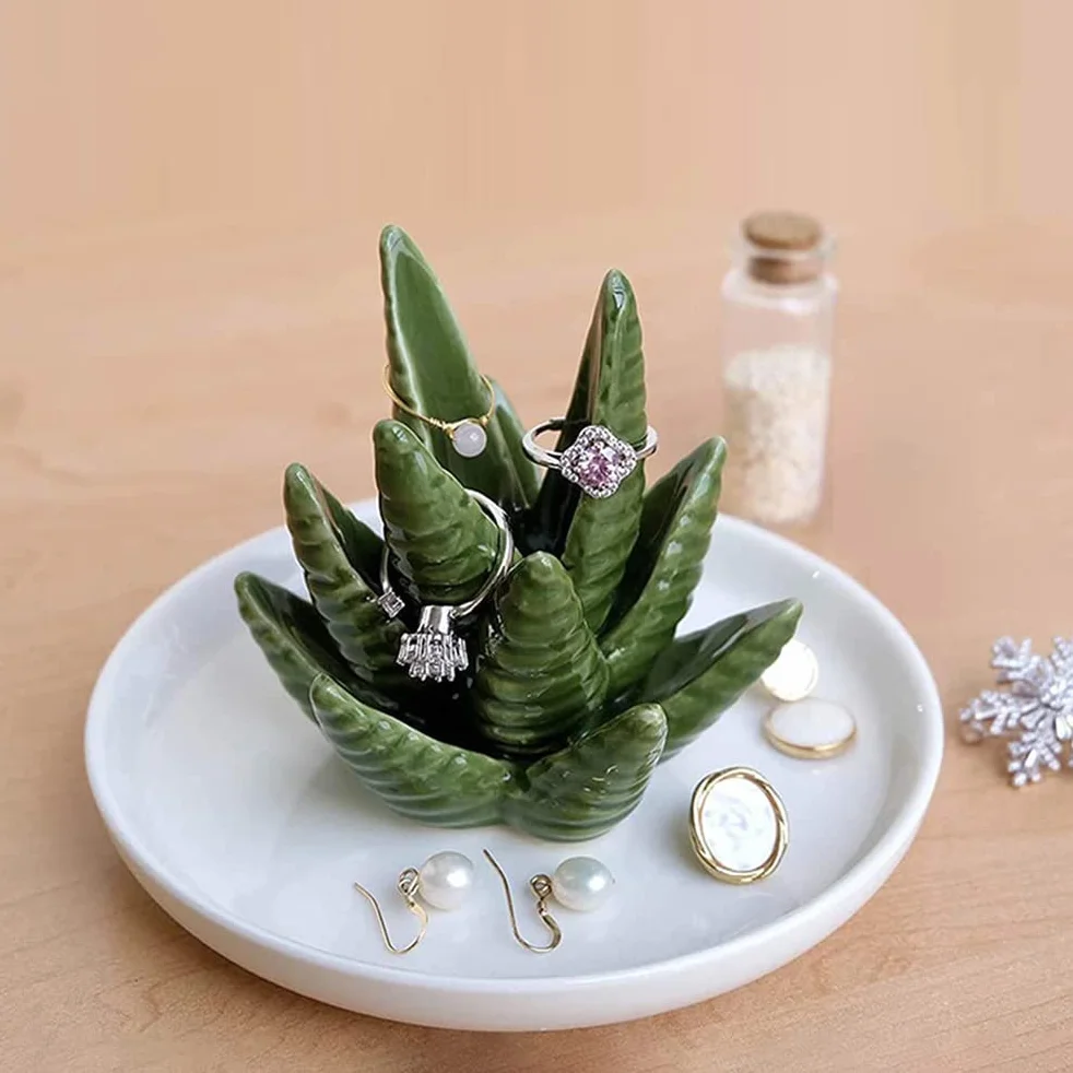 Aloes Ceramiczny Uchwyt na Pierścionek Danie, Uchwyt na biżuterię Pierścionki Bransoletki Kolczyki Zielony Soczysty Ozdoba Taca dla Kobiet Dziewczyn