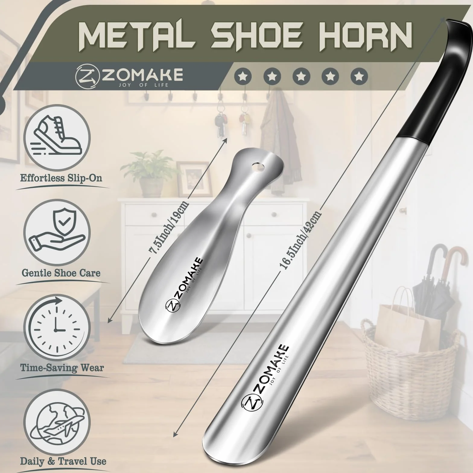 ZOMAKE Łyżka do Butów Mały Metalowy Długi 2szt,42cm Ze Stali Nierdzewnej Róg do Butów,Stabilna Klakson but Metalowy 19cm Z Wspornikiem Ściennym(Srebrne 42&19cm)