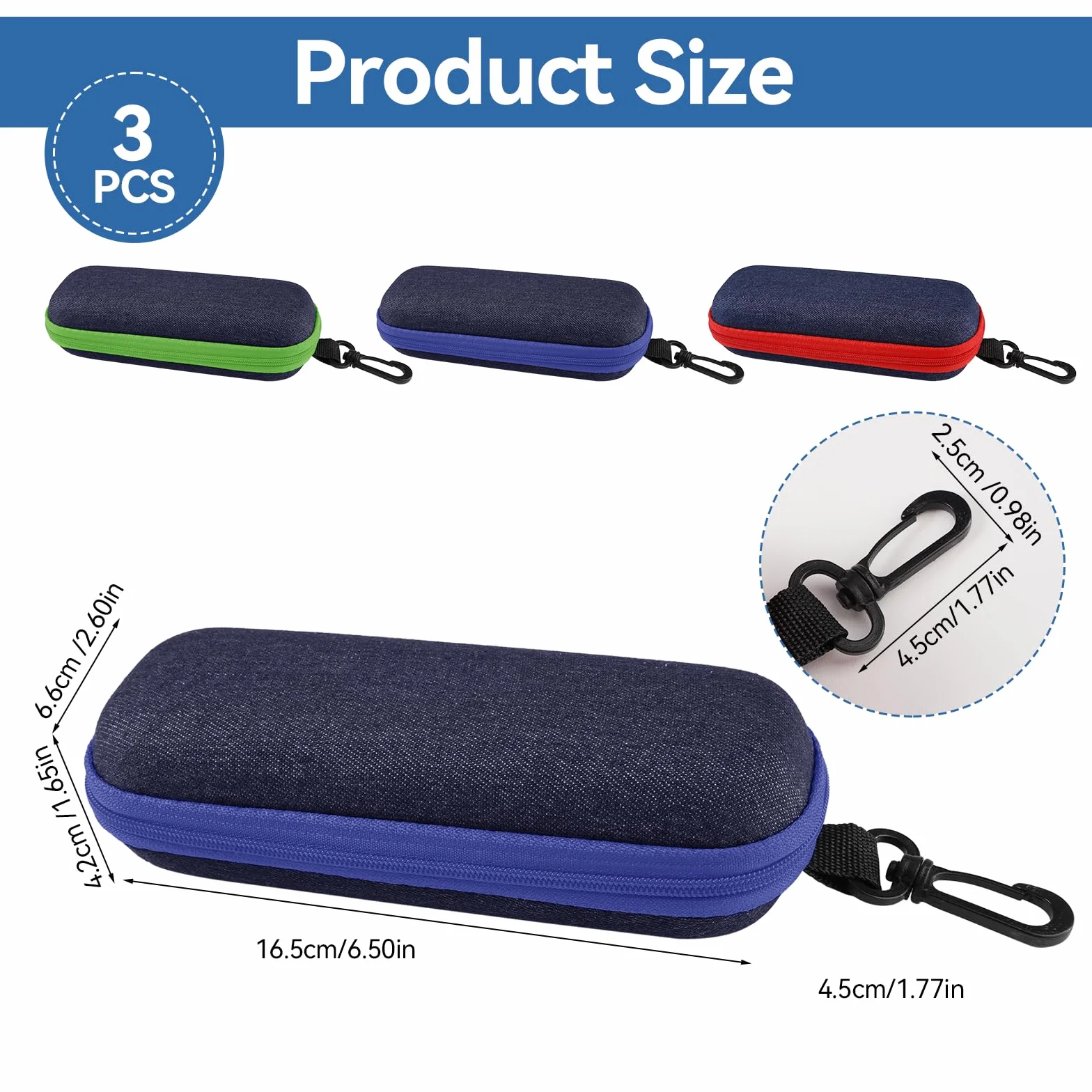 3 niebieskie etui na okulary, zielone i czerwone, 16,5 x 6,6 x 4,2 cm, twarde etui na okulary, tworzywo EVA i kowboj, etui na okulary przeciwsłoneczne, z zamkiem błyskawicznym, dla kobiet, mężczyzn